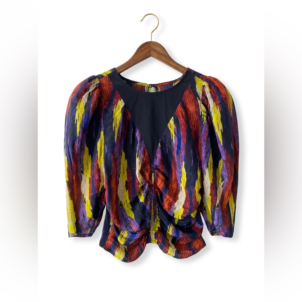 MARIACHER Abstract Brushstroke Puff Sleeve Ruched Blouse Silk XS